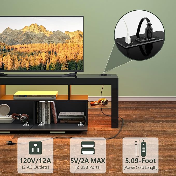 Clikuutory Modern LED Black 67 inch TV Stand with Power Outlet and Large Storage for 40 50 55 60 65 70 75 Inch TVs, Wood TV Console with High Glossy Entertainment Center for Living Room, Bedroom