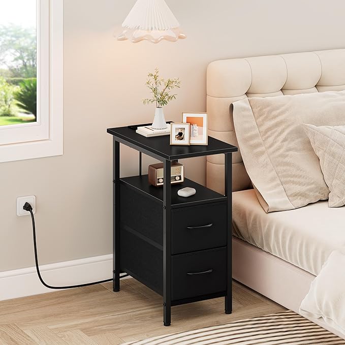 Vagusicc Black End Table with Charging Station, Narrow Side Table, 23.8'' Tall Nightstand with 2 Fabric Drawers, Small Sofa Side Table Narrow Nightstand for Small Spaces, Living Room, Bedroom, Black