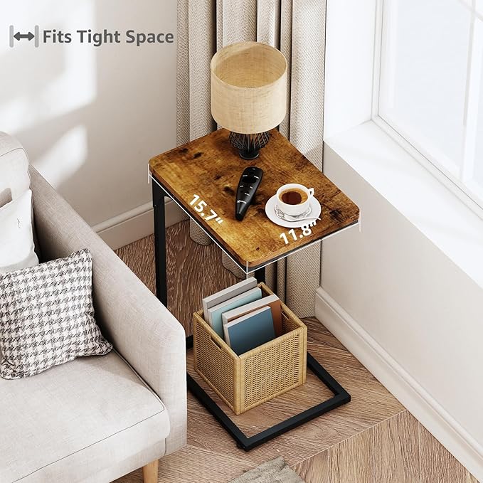 QEEIG C Table Side Table Set of 2 Living Room Sets C Shaped Couch Tray End Tables Farmhouse, Rustic Brown (017-30BN)