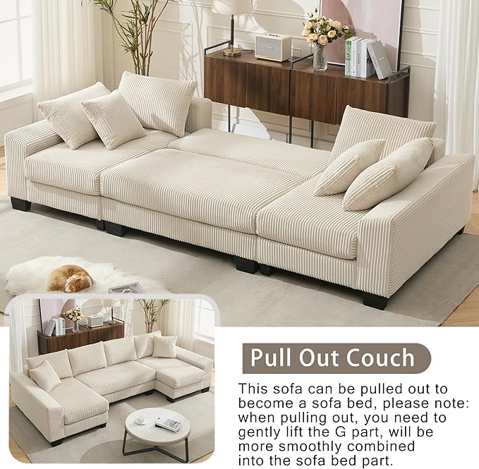 Symmetrical U Shaped Sectional Sofa Convertible Pull Out Sleeper Sofabed with Double Chaise Daybed , Corduroy Upholstered U Shaped Lounge Sofa Couch Bed w/ Throw Pillows for Living Room Apartment