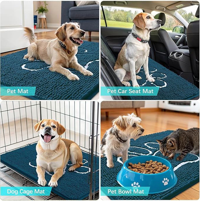 OLANLY Door Mat for Muddy Dog Paws 36x24, Absorbent Chenille Mud Doormat with Paw Print Design, Non-Slip Washable Doormat for Indoor Entryway, Quick-Dry Pet Bed Mats for Dirty Dogs, Atlantic Blue