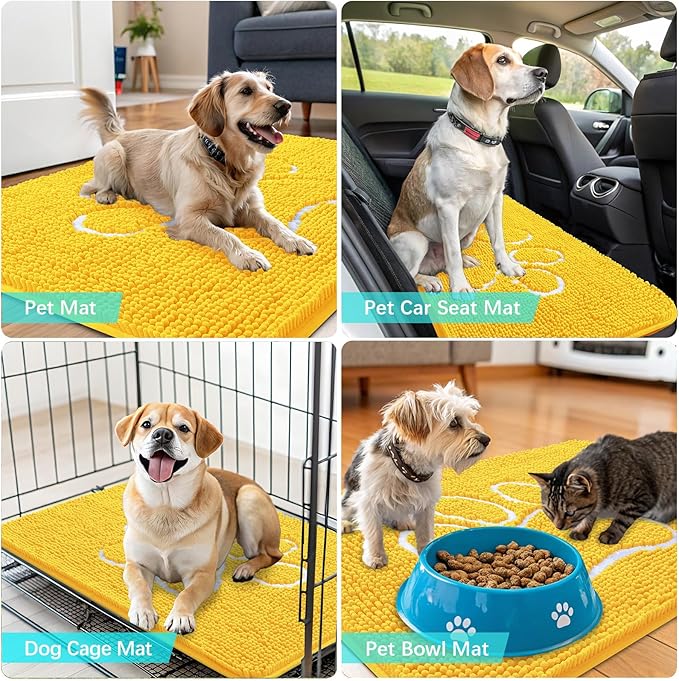 OLANLY Door Mat for Muddy Dog Paws 30x20, Ultra Absorbent Chenille Mud Doormat with Paw Print Design, Non-Slip Washable Doormat for Indoor Entryway, Quick-Dry Pet Bed Mats for Dirty Dogs, Yellow