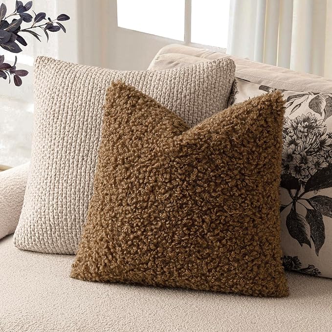 Foindtower 2 Pieces 22x22 Inch Dark Bronze, Faux Fur Throw Pillow Cover Accent Sherpa Furry Pillow Covers Fuzzy Soft Pillowcases Cozy Sheepskin Decorative Fleece Cushion Case for Bed Couch Living Room