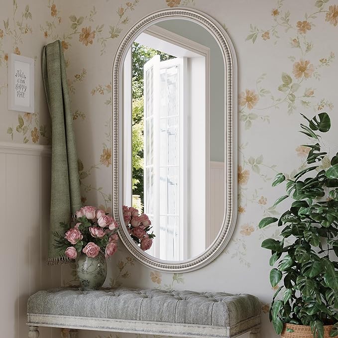 Boho Oval Mirror, 24" x 48" White Beaded Tall Farmhouse Mirrors Antique Oval Bathroom, Wooden Rustic Decorative Mirror for Wall, Bedroom, Dining Room, Hallway