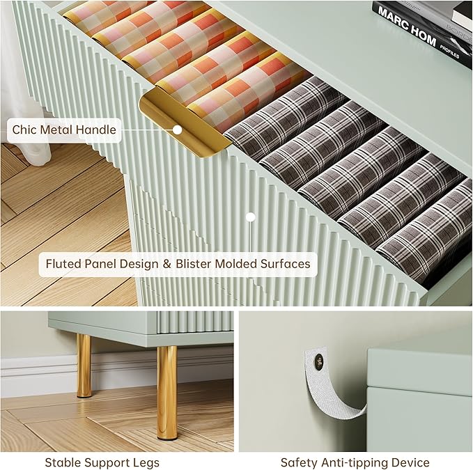 Green Dresser, Modern 5 Drawer Dresser for Bedroom with Gold Handle and Large Drawer, Wood Double Chest of Drawers and Storage Organizer for Living Room, Hallway, Entryway