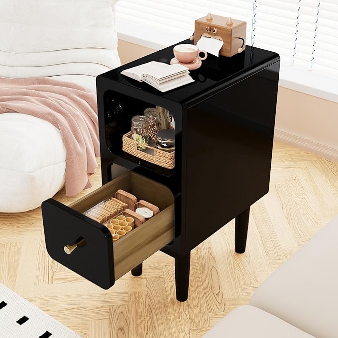 Narrow Nightstand, Solid Wood Night Stand with Drawers, Black Mid Century Modern Nightstand, Small Beside Table with Open Storage Shelf for Bedroom (10 inch)