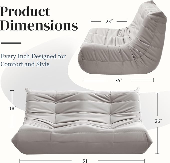 Bean Bag Chair, Loveseat Fireside Chair Bean Bag Sofa for Adults, 2 Seater Bean Bag Chairs for Teens with High-Resilience Foam, Memory Foam Bean Bag for Living Room, Bedroom, Office (Suede,Light Gray)