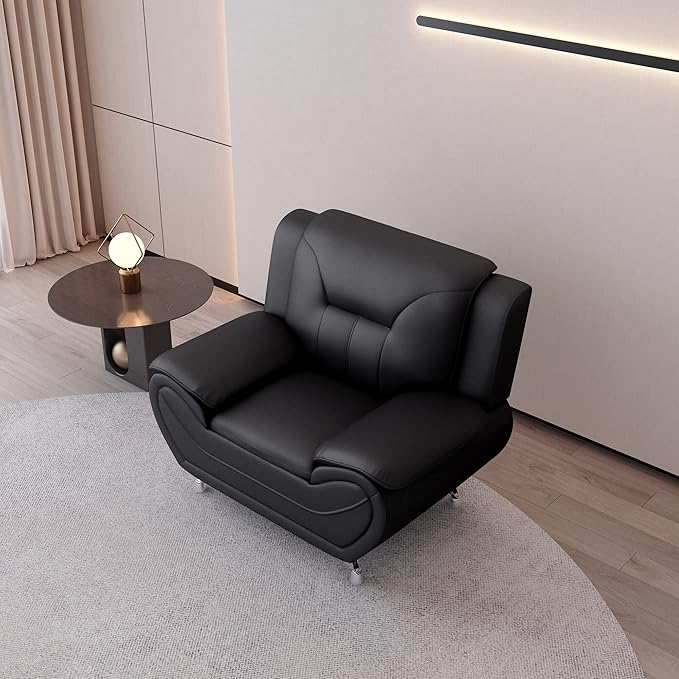 Container Furniture Direct Michael Modern Faux Leather Upholstered Stainless Steel Legs Living Room, Chair, Black