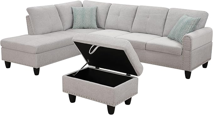 Ball & Cast 98" L Shaped Sectional Couch for Living Room with Chaise & Storage Ottoman,4 Seat Linen Upholstered Modular Sectional Sofa Set 3 PCS W/Cup Holder & Nailhead Trim,for Home,Office,Light Gray