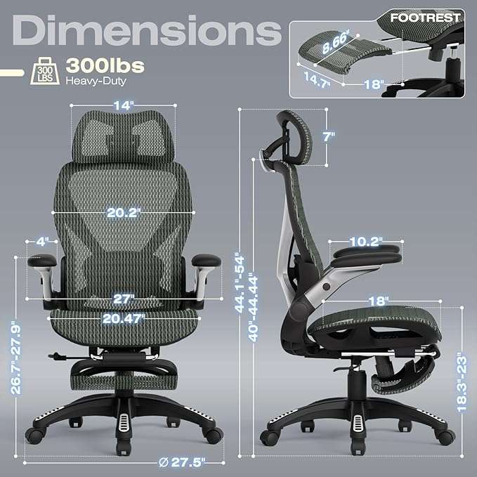 ELABEST X100 Ergonomic Office Chair with Footrest, Big and Tall Home Desk Chair with 5D Flip-Up Arms, Adjustable 3D Lumbar Support,High Back Rolling Computer Chair, Swivel Mesh Chairs (Forest Ranger)