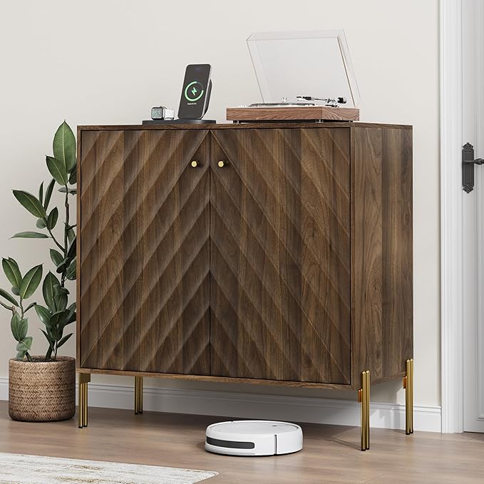 Smuxee Walnut Sideboard Cabinet, Freestanding Buffet Cabinet with Golden Metal Feet, Wood Storage Cabinet with Adjustable Shelf for Living Room, Entryway, Hallway