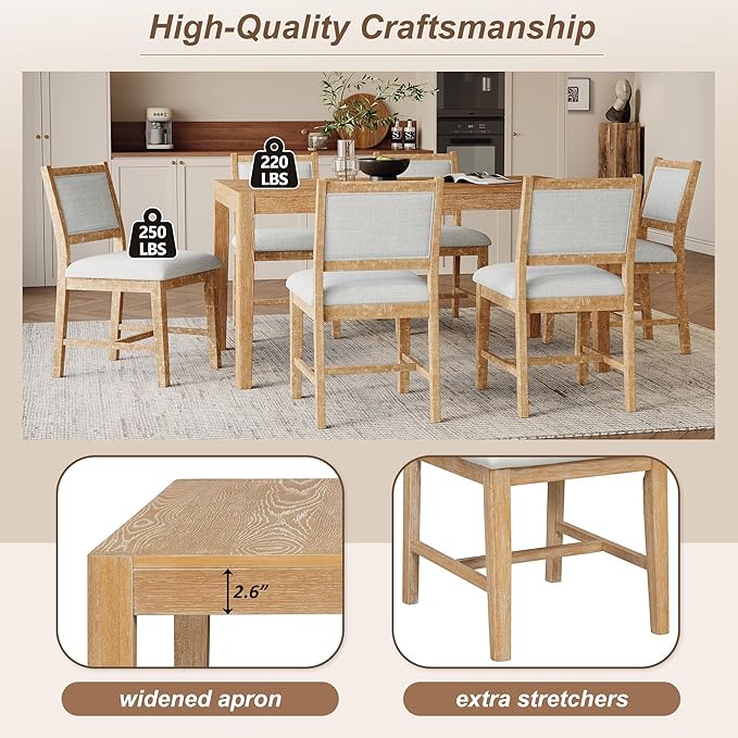 Merax 7 Pieces Retro Dining Set for 6, Rectangular Wood Dining Table with 6 Upholstered Chairs for Kitchen, Living Room, Natural