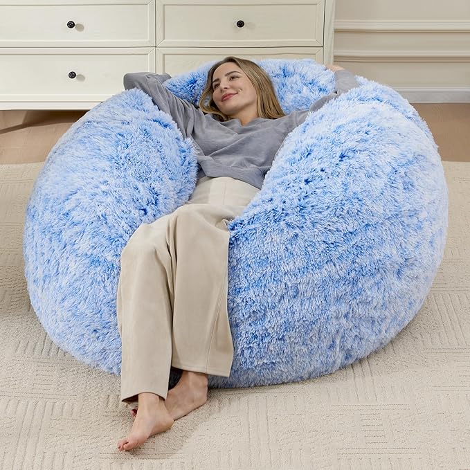 Large Bean Bag Covers Only, Fluffy Stuffed Beanbag Chair Covers No Filler, Washable Bean Bags Cover for Adults, Stuffed Animal Bean Bag Anti-Slip, 7FT, Blue