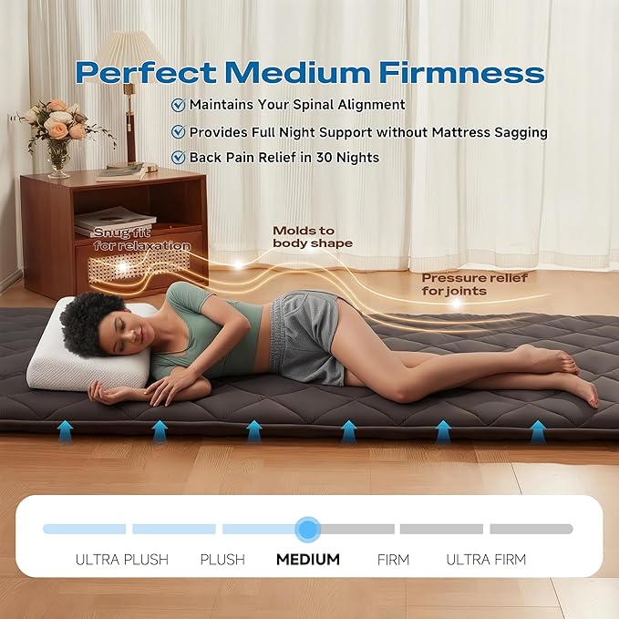 Japanese Floor Futon Mattress, Roll Up Tatami Mat, Sleeping Pad, Shikibuton, CertiPUR-US Certified Foam Floor Bed Mattress for Sleeping, Dormitory, Guest Bed, Designed in Japan(Grey, Twin)