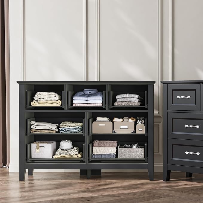 LINSY HOME 7 Drawers Dresser for Bedroom, 47" Wide Wooden Storage Chest with Antique Handles, Modern Farmhouse Dresser TV Stand with Wood Legs for Closet, Living Room, Hallway, Black
