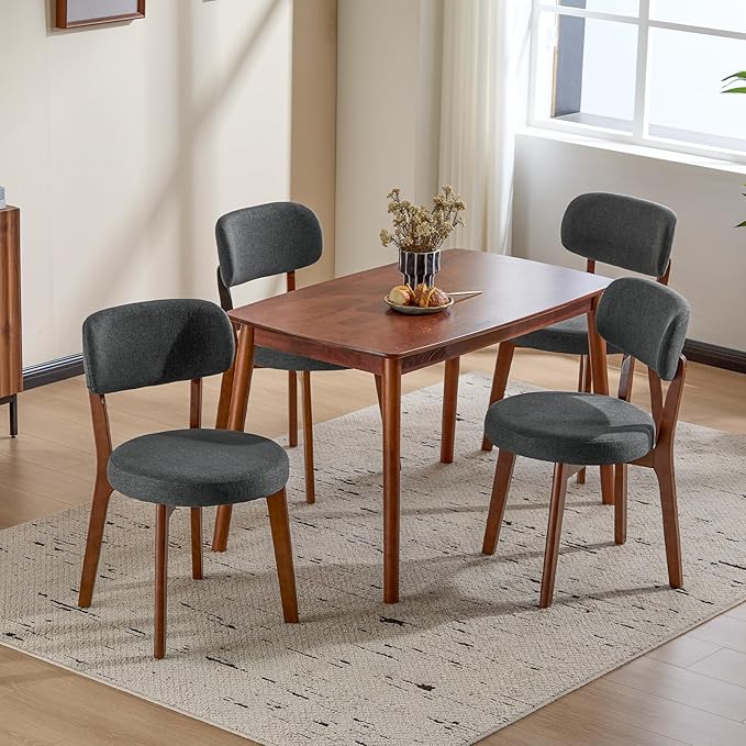 Furniliving Wooden Dining Chairs Set of 6, Mid-Century Modern Linen Upholstered Kitchen Chair with Solid Oak Wood, Farmhouse Dining Room Chairs, Grey