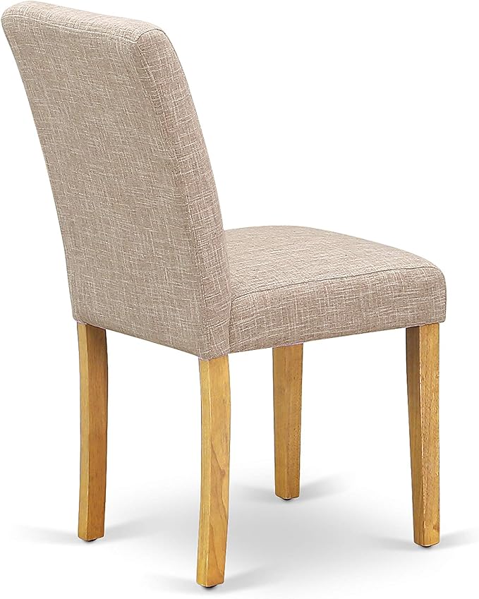 East West Furniture DLAB3-OAK-04 3 Piece Dining Room Furniture Set Contains a Round Dining Table with Dropleaf and 2 Light Tan Linen Fabric Parsons Chairs, 42x42 Inch, Oak