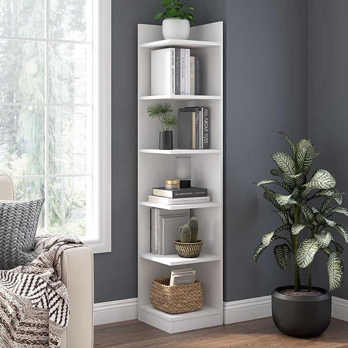 Bush Furniture Universal 15W Tall Corner Bookshelf in White, 6 Shelf Narrow Bookcase for Home Office Storage or Living Room Organization