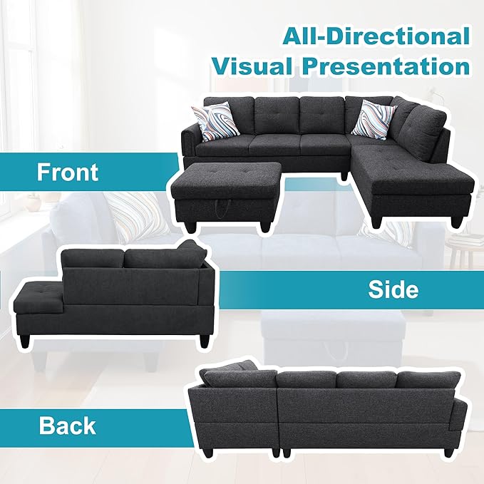 Couches for Living Room Modern L Shaped Couch Comfy Linen Fabric 3 Pieces Sectional Sofa with Chaise, Ottoman with Storage for Office and Small Apartment, Dark Grey