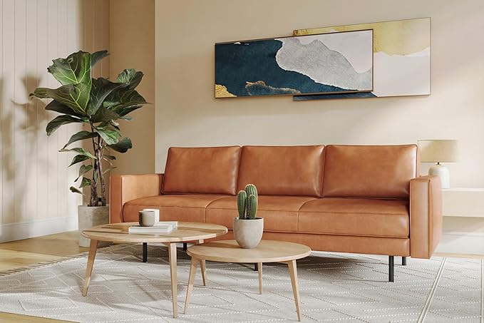 Valencia Varese 90" Full Leather Couch Cognac Tan Brown- Italian Nappa Leather Modern Cloud Couch for Living Room/Apartment Furniture