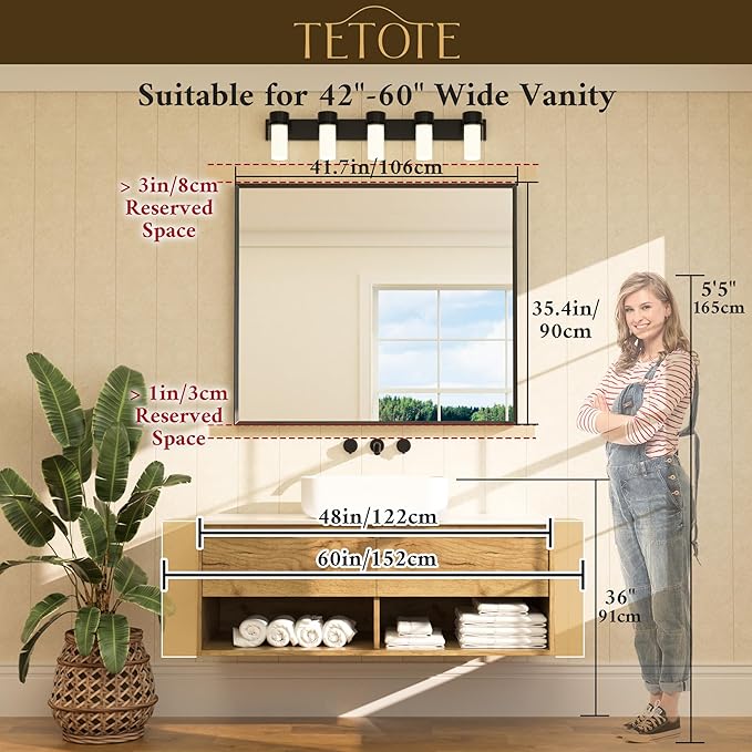 TETOTE Brushed Gold Frame Mirror for Bathroom Wall 42" x 36" Brushed Brass Beveled Rectangle Bathroom Vanity Mirror for Over Sink, Bedroom, Entryway, Living Room, Tempered Glass, Stronger Frame