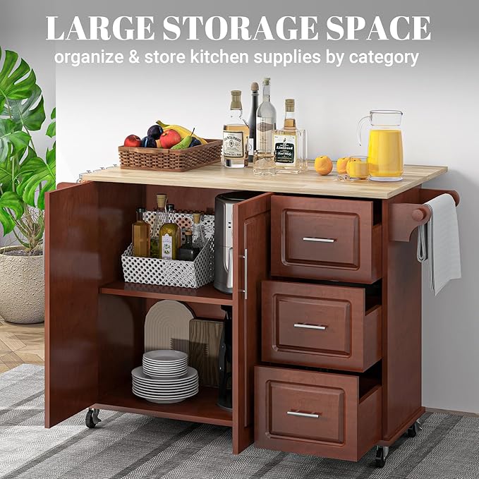 Rovibek 53" Kitchen Island on Wheels with Drawers - Large Rolling Island Cart with Storage, Cabinet, Spice Rack, and Towel Holder