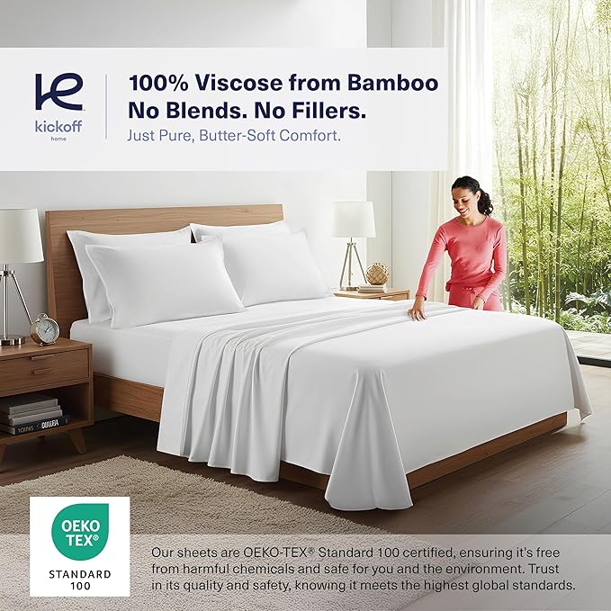 Kickoff Viscose Bamboo Sheets Full Size 4-pc 100% Organic Bamboo Viscose Bed Cooling Sheets Full Size Set Cool Bedding for hot Sleepers Sheet, Flat, Fitted, Pillowcases (Snow White, F)