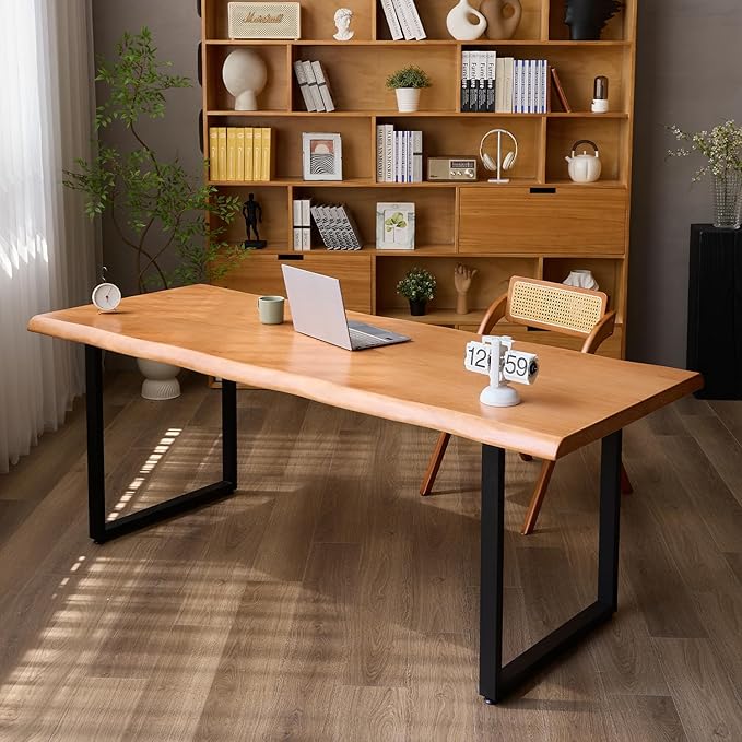 Stylish Solid Wood Office Desk with Sturdy Metal Base - Durable Multi-Size Executive Computer & Dining Table - Perfect for Home Office & Work Environments (Brown, 78.74in)