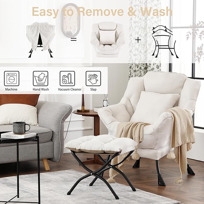 Lazy Chair with Ottoman, Modern Large Accent Lounge Chair with a Pillow, Leisure Sofa Armchair with Ottoman, Reading Chair with Footrest for Bedroom, Living Room, Dorm Room,Peach Beige