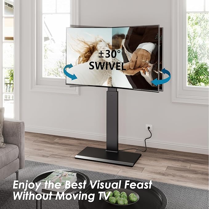FITUEYES Floor Swivel TV Stand with Power Outlet for 32-65 Inch TVs, Floor TV Stand with Mount Height Adjustable with Iron Base, Hold Up to 88lbs, Space Saving for Bedroom, Living Room