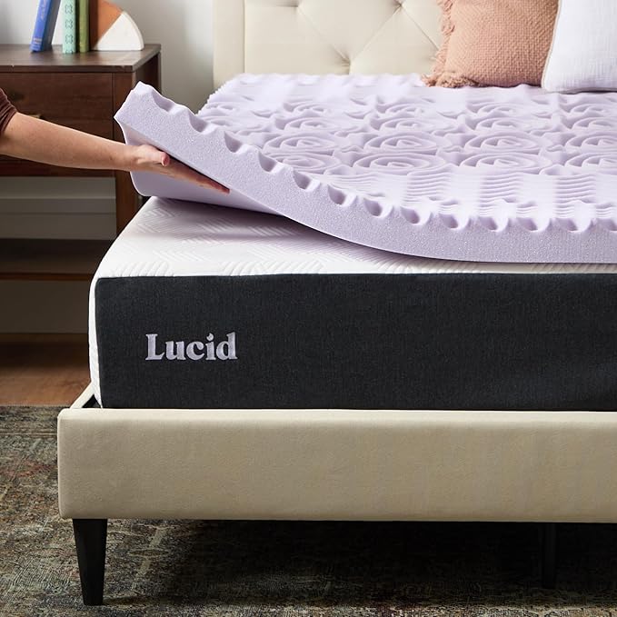 Lucid Lavender Infused 3 Inch Memory Foam Mattress Topper - Full XL Size - Plush Feel - 5 Convoluted Zones - CertiPUR Certified - New Home Owner & Dorm Room Essentials