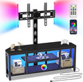 Corner TV Stand with Mount LED - Universal TV Mount Stand for 32-65" TV, Height Adjustable Swivel TV Console Wood & Steel Entertainment Center with Mount, Cabinet, Power Outlet, Colorful Light, Black