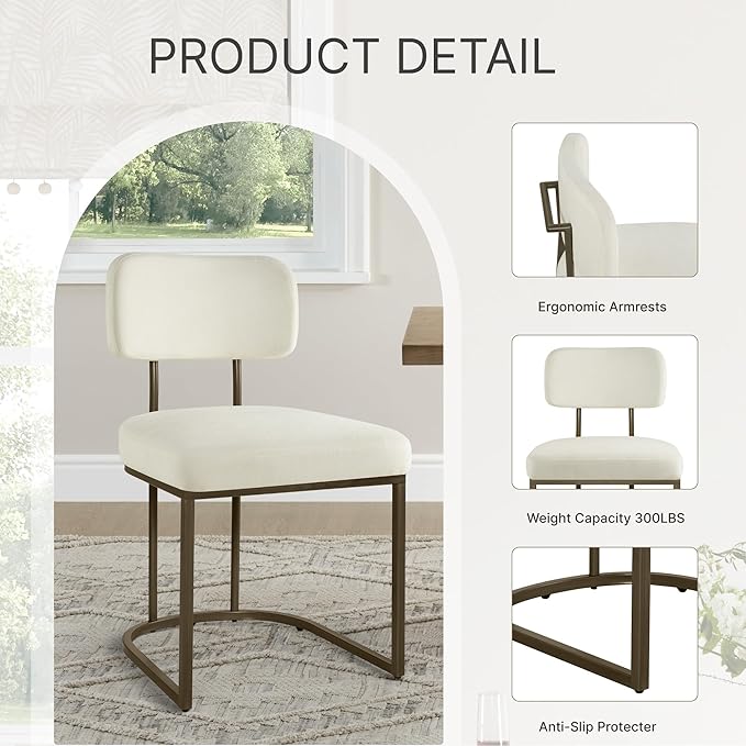 Dining Chairs Set of 4, Upholstered Modern Kitchen Chairs with Ergonomic Backrest, Fabric Cushion Seat & Metal Legs for Living Room, Restaurant, and Café, Ivory, 2Boxs