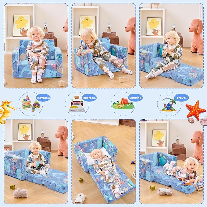 Toddler Chair Comfy,2-in-1 Soft Toddler Couch Fold Out for Kids,Convertible Sofa to Lounger,Gift for Girls and Boys Birthday,Ocean