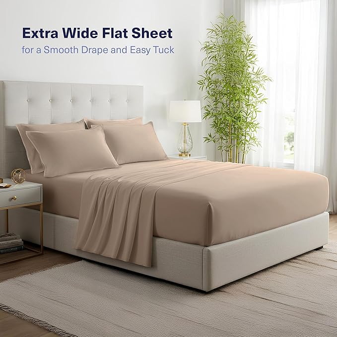 Kickoff Viscose Bamboo Sheets Queen Size 4-pc 100% Organic Bamboo Viscose Bed Cooling Sheets Queen Size Set Cool Bedding for hot Sleepers Sheet, Flat, Fitted, Pillowcases (Iced Latte, Q)