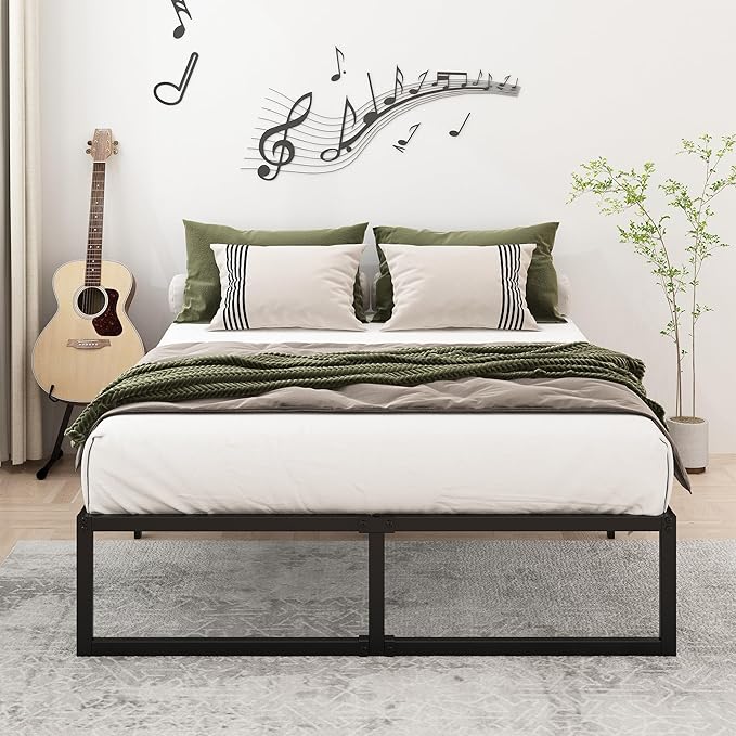 12 Inch Bed Frame Queen Size Heavy Duty Steel Slat Support Metal Platform Queen Bed Frame No Box Spring Needed, Easy Assembly, Black