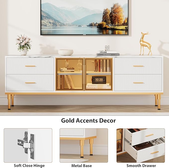 66" Fluted TV Stand with LED Light, Modern Entertainment Center for TVs Up to 75 Inch, Wood TV Media Console with Faux Marble Top, 4 Drawers, Glass Door for Living Room, White