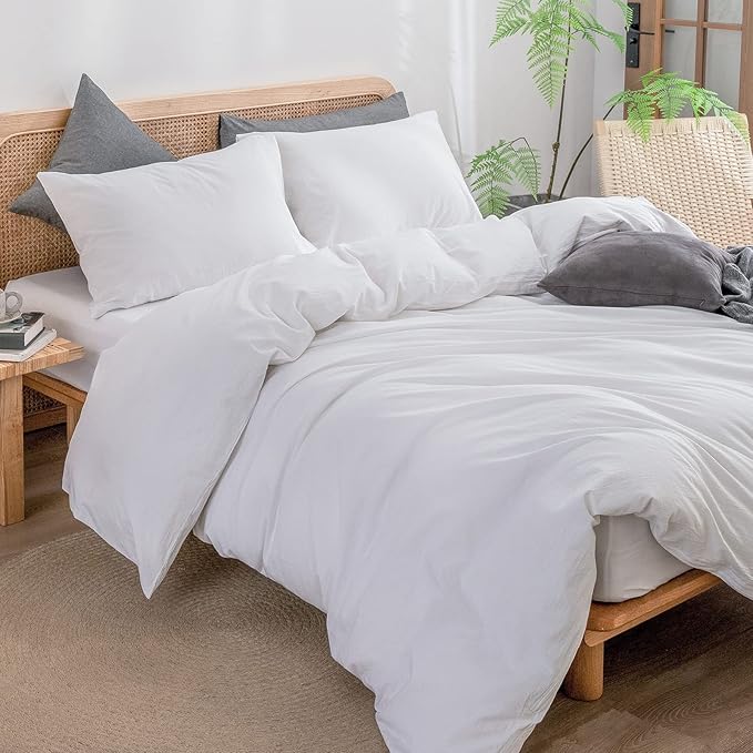 BESTOUCH Duvet Cover Set 100% Washed Cotton Linen Feel Super Soft Comfortable Chic Lightweight 3 PCs Home Bedding Set Solid Bright White Queen