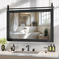 Hasipu Farmhouse Bathroom Mirror, 48"x32" Rustic Wood Framed Wall Mounted Mirror, Black Vintage Vanity Mirror Barn Door Style Decrative Mirrors