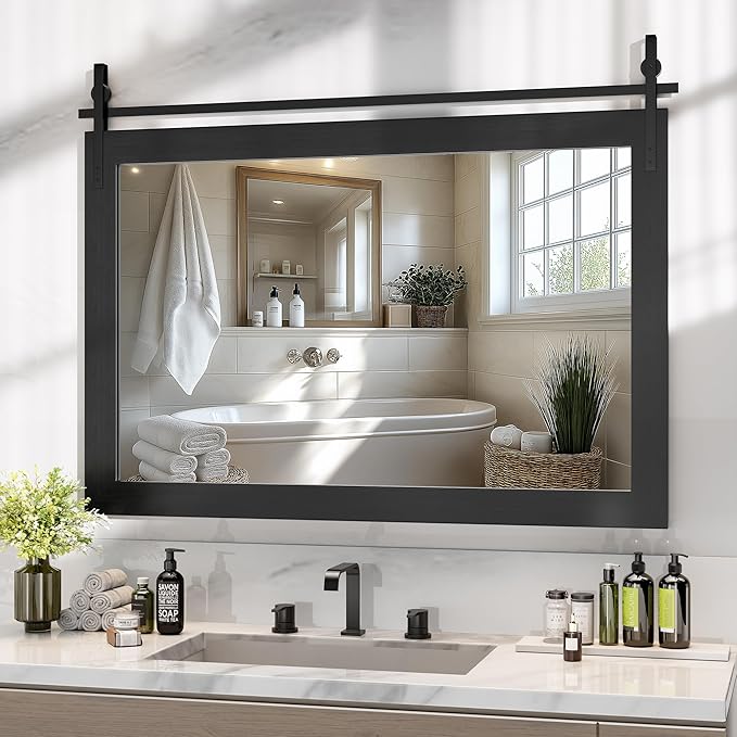 Hasipu Farmhouse Bathroom Mirror, 48"x32" Rustic Wood Framed Wall Mounted Mirror, Black Vintage Vanity Mirror Barn Door Style Decrative Mirrors