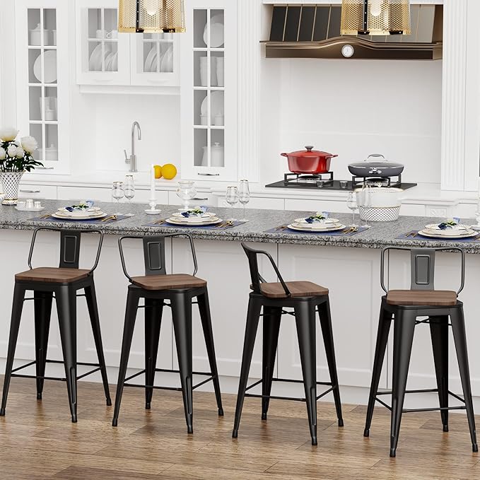 26 Inch Swivel Bar Stools Set of 4 with Backs Counter Height Industrial Metal Barstools Island Bar Chairs for Home Kitchen Dining Room (Swivel 26 inch,Matte Black Wooden)