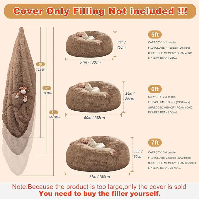 Fluffy Bean Bag for Stuffed Animals Storage, Faux Fur Washable Bean Bag Chair Cover(No Filler) for Textile Plush Toys, Beanbag Chair Cover for Adults Kids Teens, 5FT, Khaki