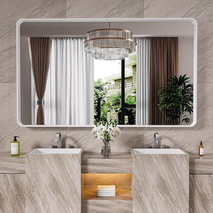 White Bathroom Mirror 72x36 Inch, White Metal Framed Bathroom Mirror for Wall, Rounded Rectangle Matte Bathroom Vanity Mirror, Tempered Glass, Anti-Rust, Horizontal/Vertical
