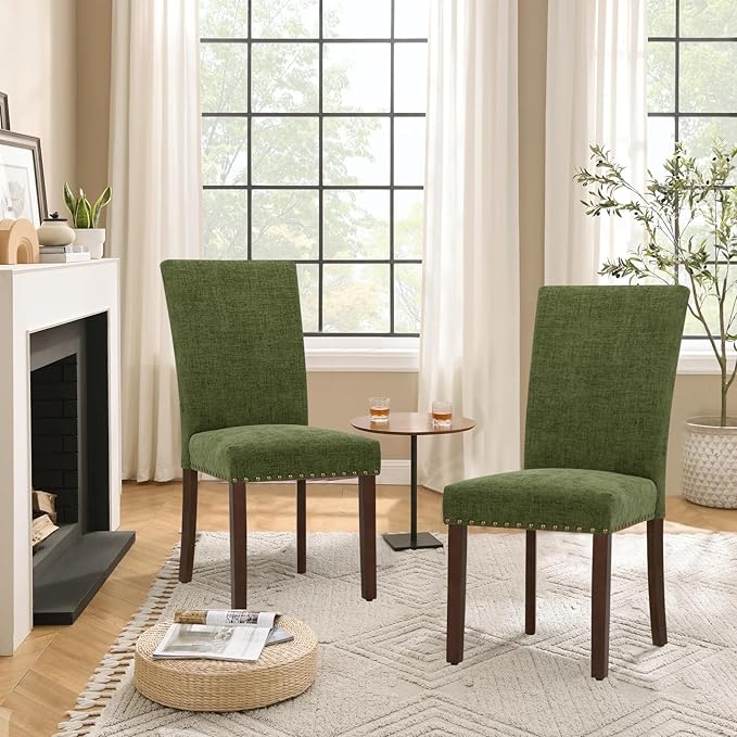 Parsons Dining Chairs Set of 6, Upholstered Nailhead Dining Room Kitchen Side Chair with Thick Cushions and Wood Legs, Green