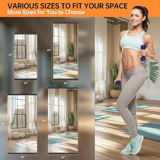 Hasipu 2 Pcs 63''x28'' Home Gym Mirror Large Full Length Wall Mounted Full Body Mirror for Yoga Dance Fitness Exercise Studio Bedroom Garage, Frameless Tempered Glass Workout Mirrors Black Rectangular