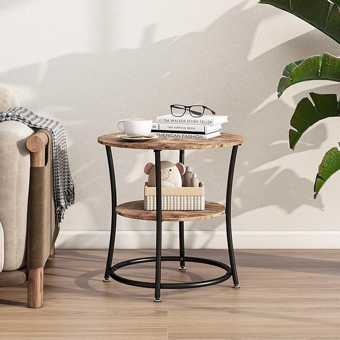 BOFENG Round Coffee Table Side Table,Round End Table with 2 Storage Shelves for Living Room, Bedroom,Small Space,Coffee Table Nightstand with Sturdy Metal Frame,Easy Assembly,Rustic Brown