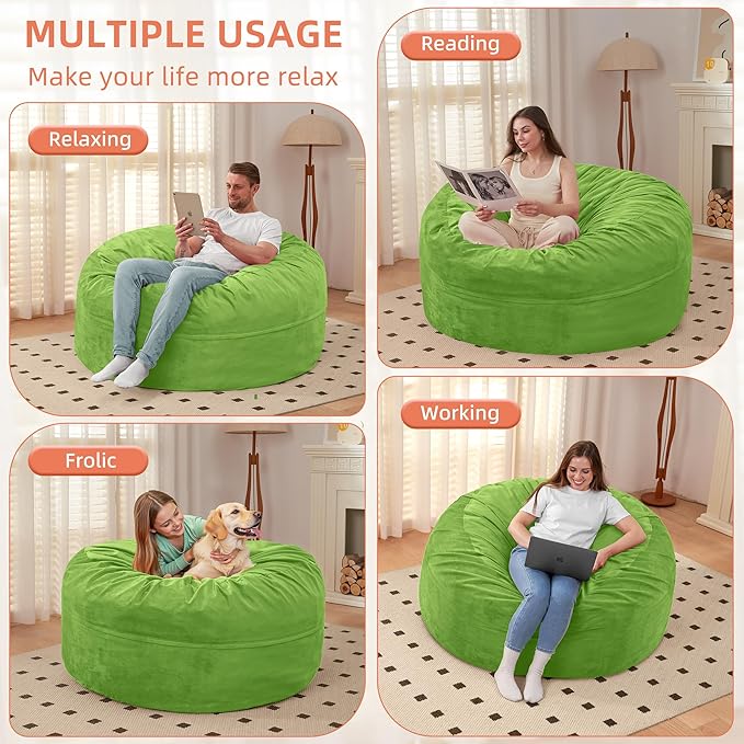 HABUTWAY Bean Bag Chair 3Ft Luxurious Velvet Ultra Soft Fur with High Rebound Memory Foam Bean Bag Chairs for Adults Plush Lazy Sofa with Fluffy Removable Sponge 3' (Lime)