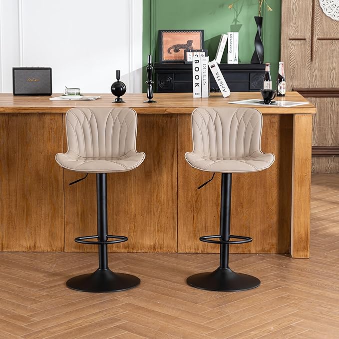 YOUNIKE Khaki Bar Stools Set of 2 Modern Swivel Counter Height Bar Chairs with Back Adjustable Kitchen Island Faux Leather Padded Tall Barstools Comfortable Upholstered Breakfast Stools