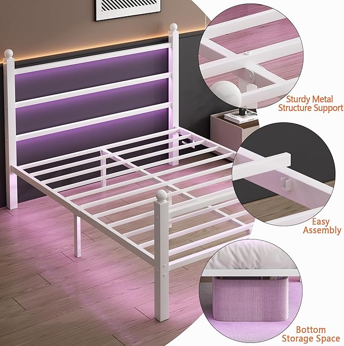 Twin Bed Frame with Headboard and Footboard,Steel Slats Support-LED Bed Frame with USB Charging Station,Mattress Foundation-Under Bed Storage,No Box Spring Needed,Noise Free,White
