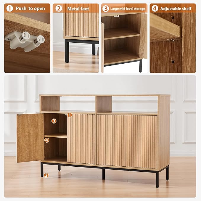 Farmhouse Buffet Sideboard Cabinet with Storage, Fluted Natural Coffee Bar Station Table with Doors and Adjustable Shelves, Modern Wood Cupboard for Kitchen